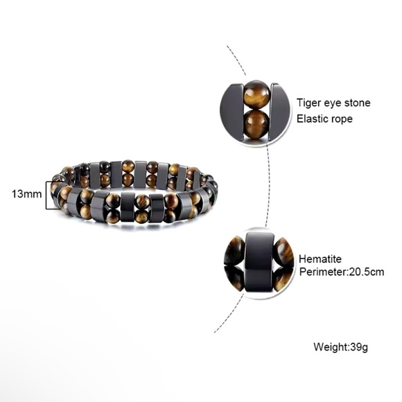 Tiger Eye Stones Bracelets for Men Hematite 8” - Picture 3 of 3